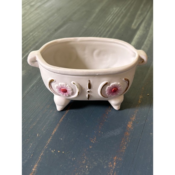 Unbranded Other - Vintage Ceramic Miniature Clawfoot Bathtub Planter Pink Floral Gold Trim 4.5in